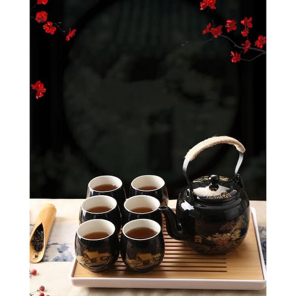 Wudkey 4-Cup Black Porcelain Tea Set with 1-Teapot Set, 6-Teacups