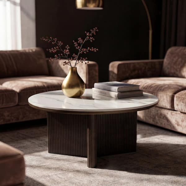 Modern 33 in. White Round Faux Marble Coffee Table with Ribbed Base for Living Room