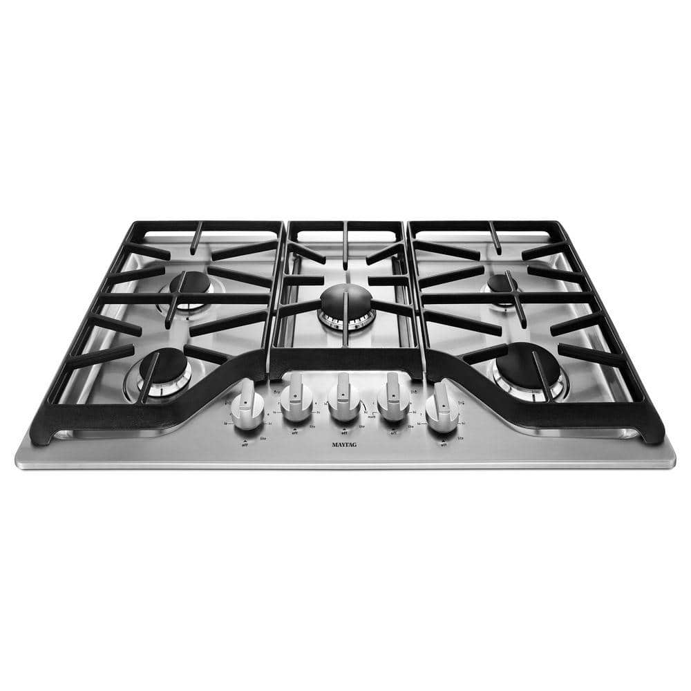 Maytag 36 in. Gas Cooktop in Stainless Steel with 5 Burners Including 18000-BTU Power Simmer Dual Stacked Burner, Silver