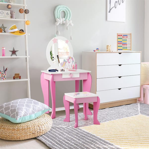 12.5 in. Width Kids Vanity Set Princess Makeup Dressing Table and Chair Set with Kids Jewelry Armoire Pink
