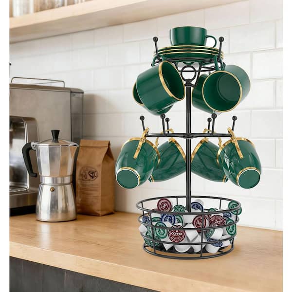 360° Rotating Black Metal Coffee Mug Rack with 10 Hooks, 3 Tier Cup Rack Bar Station Organizer, Mug Tree for Countertop