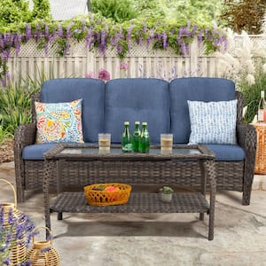 Wicker Outdoor Patio 3 Seat Sofa Couch with Blue Cushion