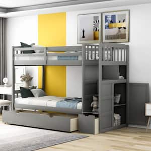 Gray Twin Over Full/Twin Bunk Bed with Storage Shelves and Drawers