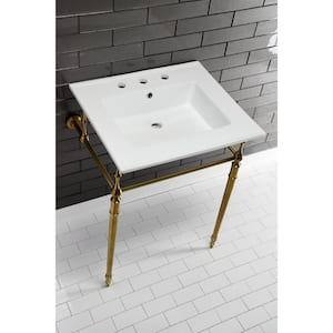 Edwardian Ceramic White/Brushed Brass Console Sink Basin and Leg Combo with Legs