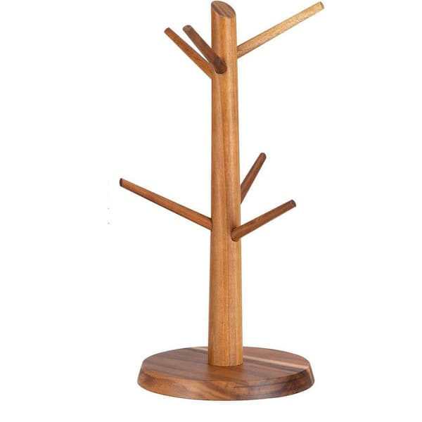 Acacia Series 6-Hook Natural Wood Mug Tree Space Saving Organizer Easy Assembly for Counter Coffee Bar Decor