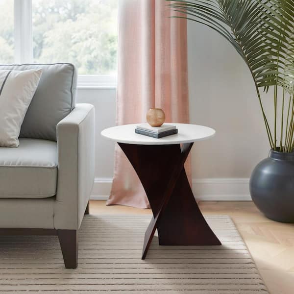 White 20 in. Round Marble Top Criss Cross Accent Table