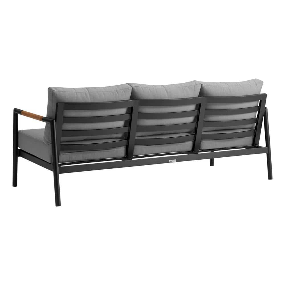 Crown Black Aluminum and Teak Wood Outdoor Sofa with Dark Gray Cushions