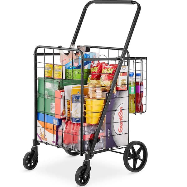 Folding Shopping Cart, Jumbo Grocery Cart with Double Baskets, 360° Swivel Wheels, Duty Utility Cart Black Kitchen Cart