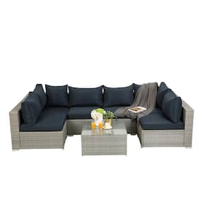 Lithium Gray 7-Piece Wicker Lithium Outdoor Garden Patio Furniture Sectional Sofa Sets with Dark Blue Cushions