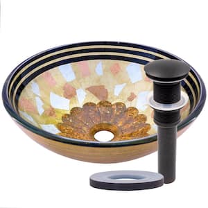 Celebrazione Hand-Painted Round Glass Vessel Sink in Multi-Color with Pop-Up Drain in Oil Rubbed Bronze