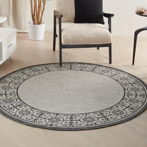 Garden Party Ivory/Charcoal 5 ft. x 5 ft. Round Bordered Transitional Indoor/Outdoor Patio Area Rug