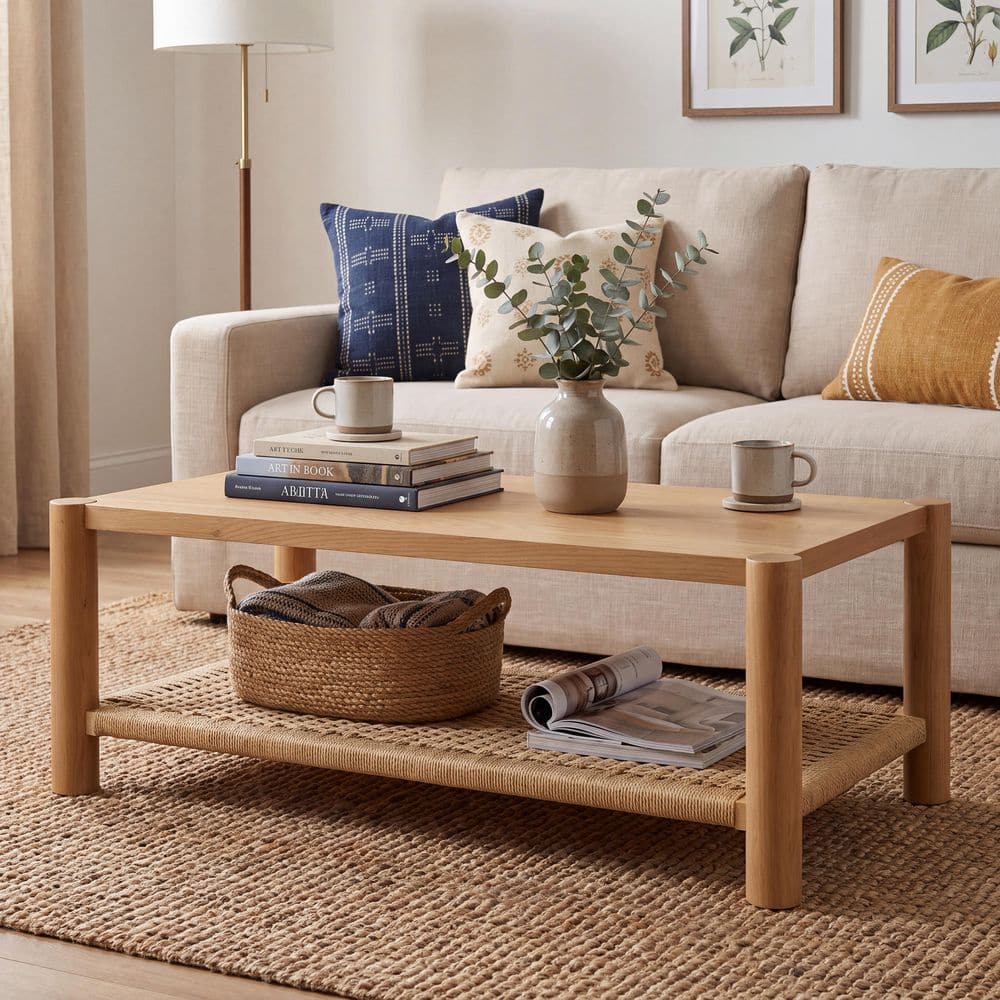 Modern Boho 49.61 in. Brown Rectangle Wood Coffee Table with Oak Veneer Tabletop, Hand‑Woven Rope Lower Shelf, Walnut