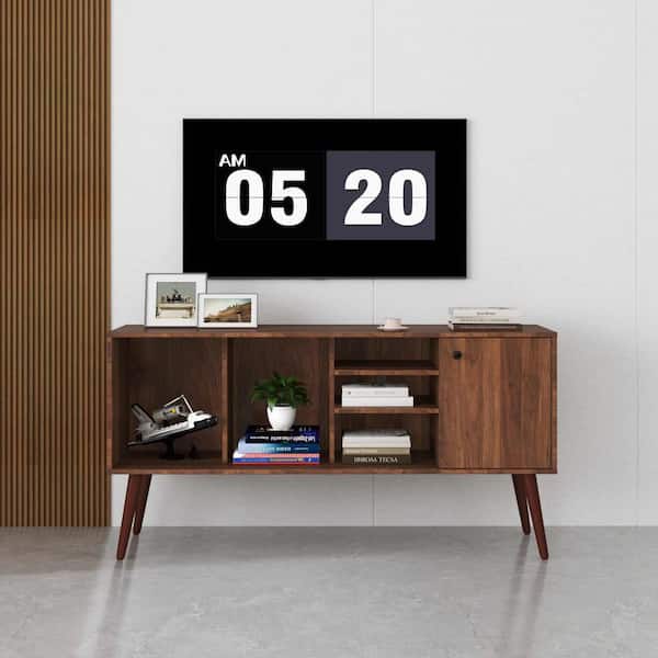 Walnut TV Stand Fits TV's Up to 55 in. with 1-Storage and 3-Shelves Cabinet
