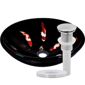 Fiche Black Glass Round Vessel Sink in Brushed Nickel Koi Design with Drain