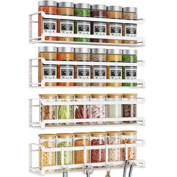 Numhew 4-Pack White Wall Mounted Spice Rack, Space-Saving Spice Organizer, Screw or Adhesive Hanging Spice Rack Organizer
