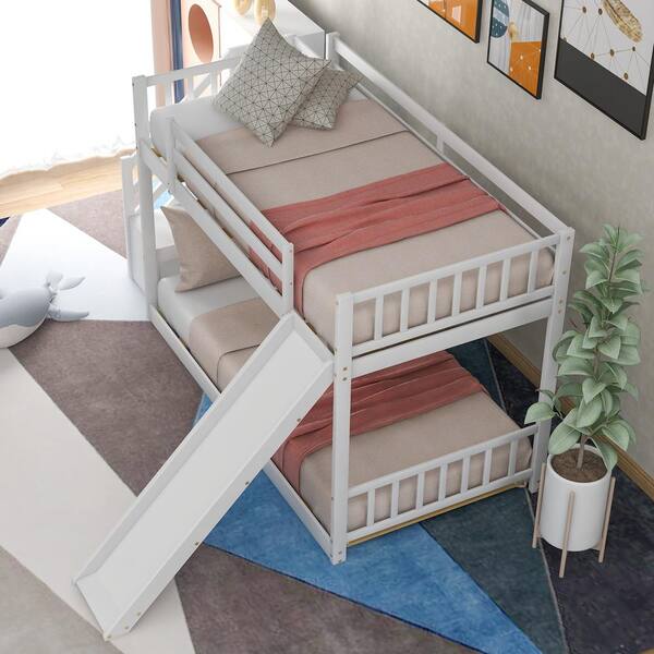 White Low Twin Over Twin Kids Bunk Bed with Staircases, Wood Floor Twin Bunk Bed Frame with Storage Stairway and Slide