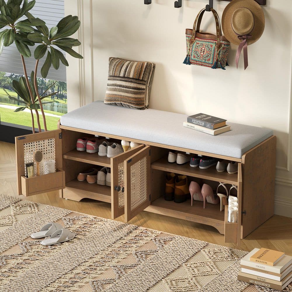 Brown Storage Bench with Removable Beige Cushion, 4 Rattan Door Cabinets, Door Internal Racks, Adjustable Shelves