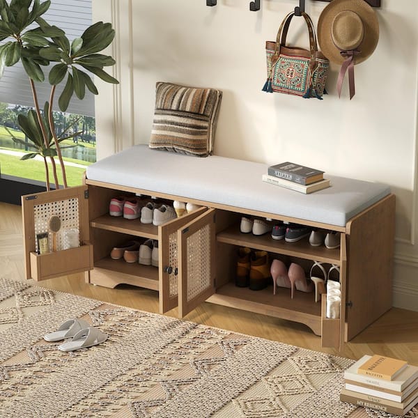 Brown Storage Bench with Removable Beige Cushion, 4 Rattan Door Cabinets, Door Internal Racks, Adjustable Shelves