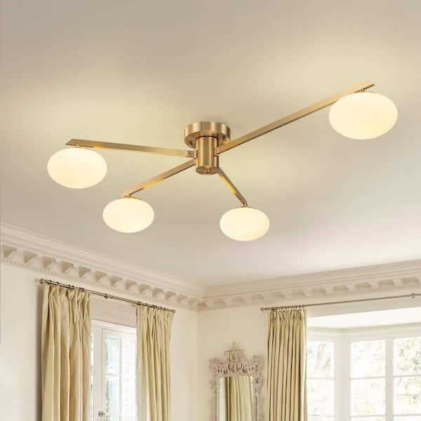 Lumo Orb 37 in. 4-Light Brushed Gold Mid-Century Pendant Ceiling Light Sputnik Semi-Flush Mount