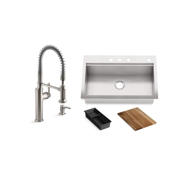 KOHLER Lyric Workstation 33 in. Dual Mount Stainless Steel Single Bowl Kitchen Sink with Sous Semi Pro Kitchen Faucet