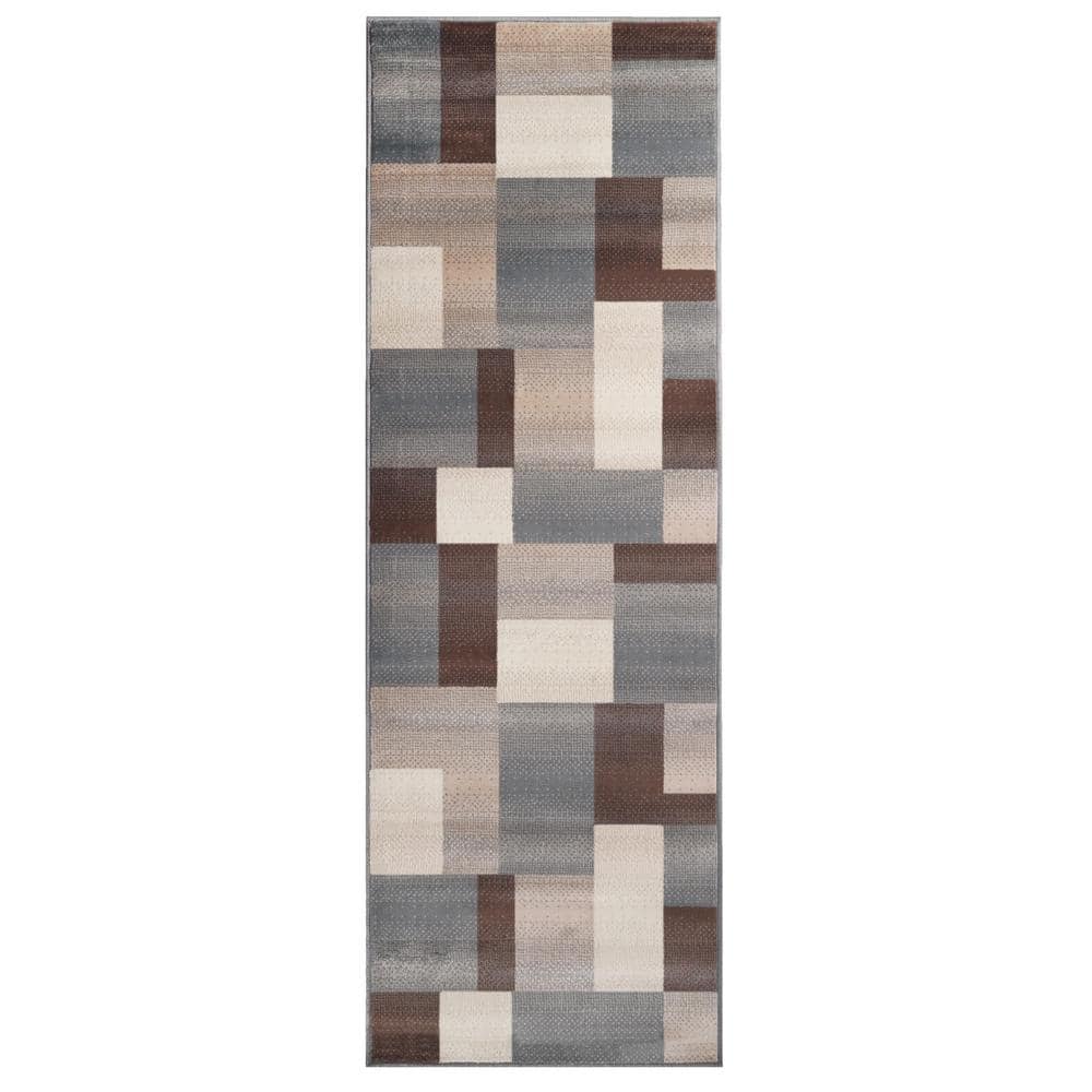 Gray Geometric Polypropylene Runner Rug with Jute Backing