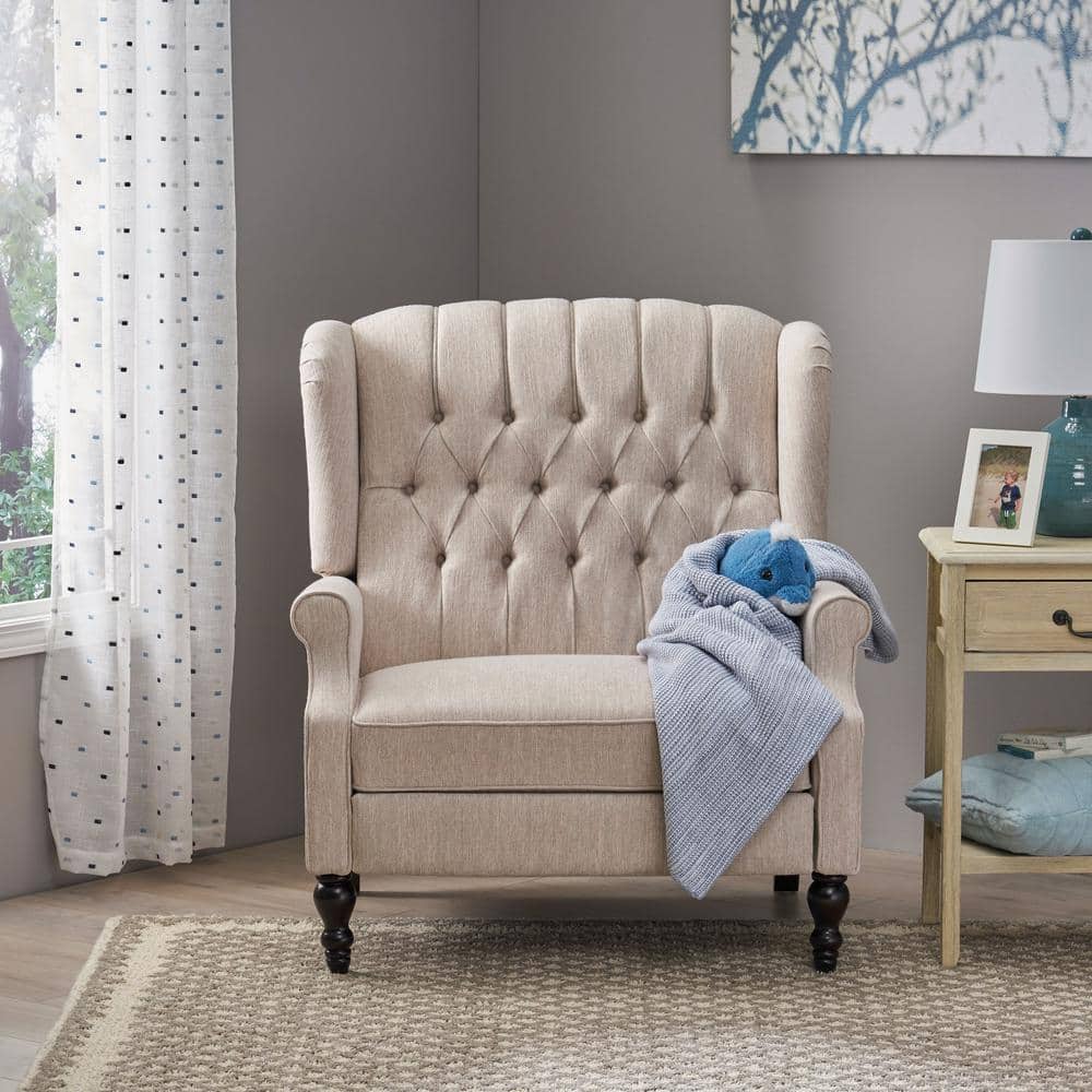Handcrafted Birch Wood Oversized Beige Recliner with Dark Brown Legs