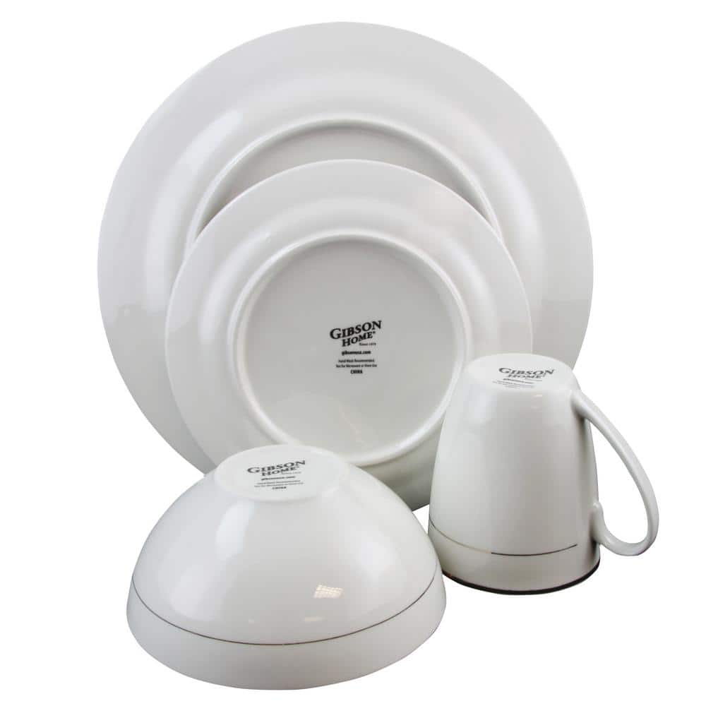 White and Gold Banded Ceramic Dinnerware Set, Service for 4