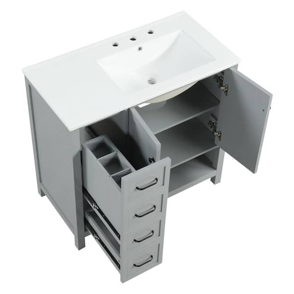 36 in. W x 18 in. D x 34 in. H Single Sink Freestanding Gray Bath Vanity with White Ceramic Top and Open Shelf