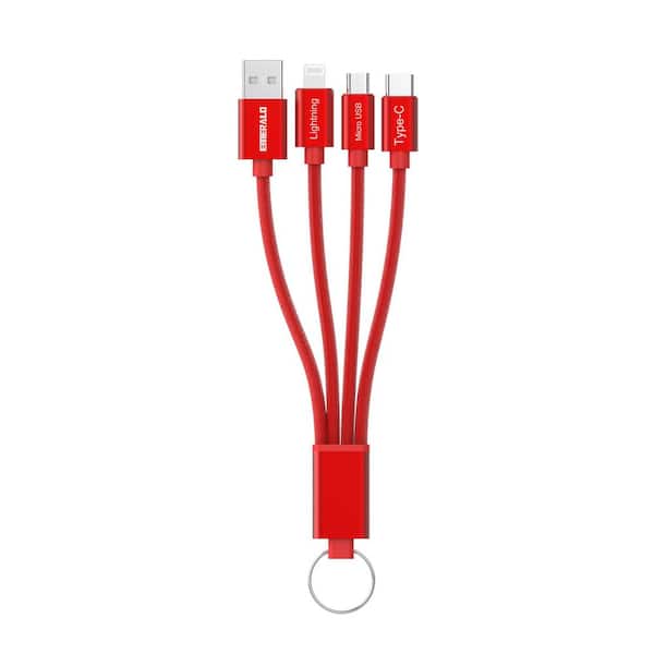 Braided 3-in-1 USB Keychain Charger-Lightning, USB-C, Micro USB
