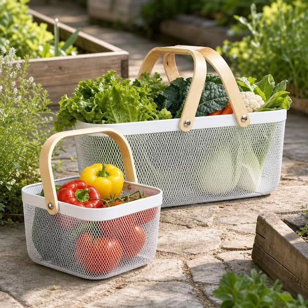Numhew 2-Pack Metal Mesh Harvest Basket with Foldable Wooden