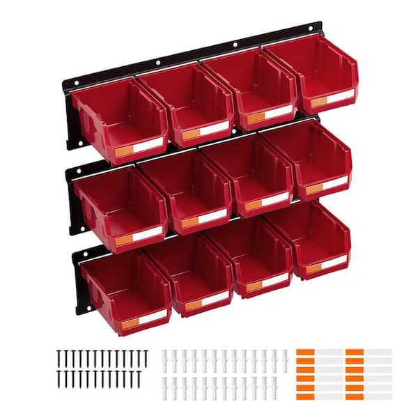Wall Mounted Storage Bins, 12 Plastic Bins & 3 Metal Rails, Stackable Organizer for Screws, Nuts, Bolts, Nails, Garage
