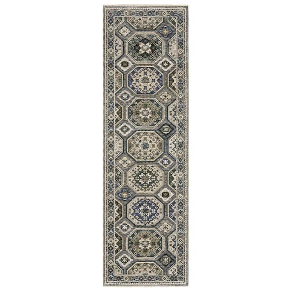 AVERLEY HOME Hunter Ivory/Blue 2 ft. x 8 ft. Persian Geometric Medallion Polyester Fringe-Edge Indoor Runner Area Rug