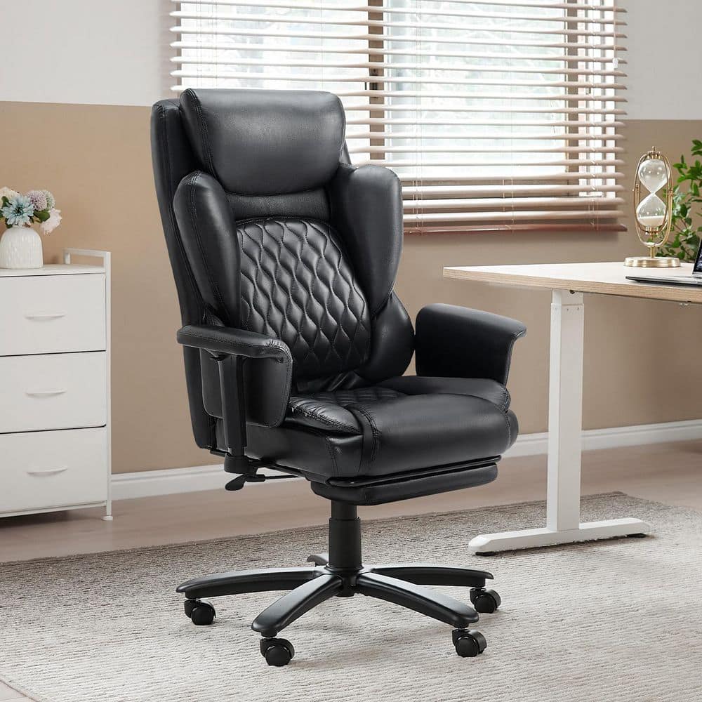 Faux Leather High-Back Ergonomic Office Chair in Black with Adjustable Padded Arms Swivel Chair with Headrest & Footrest - Thumbnail 4