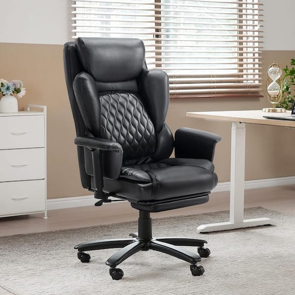 Faux Leather High-Back Ergonomic Office Chair in Black with Adjustable Padded Arms Swivel Chair with Headrest & Footrest