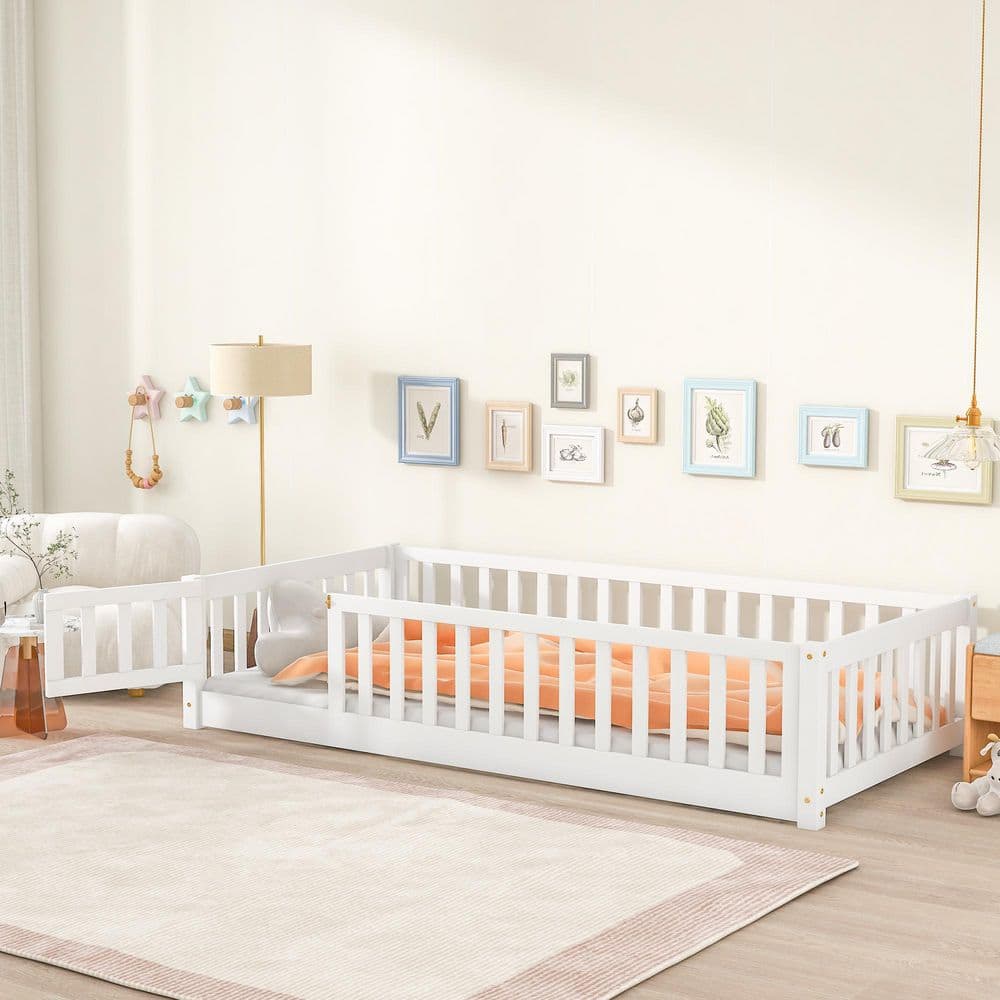 White Wood Frame Twin Size Platform Bed with Fence and Door price history on PriceWatchPro