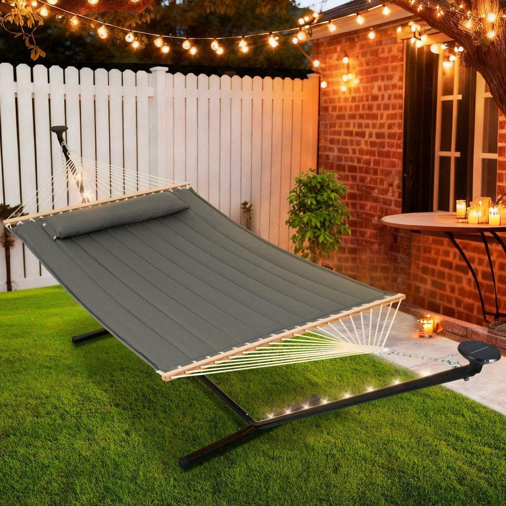 Atesun 12 ft. Portable Heavy-Duty Hammock with Stand and Detachable Pillow Solar Powered LED Lights 475 lbs Capacity Dark Gray ESH-L015