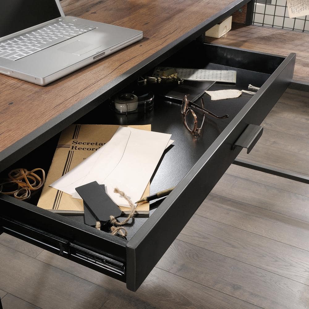 Vintage Oak and Black L-Shaped Computer Desk with Drawer