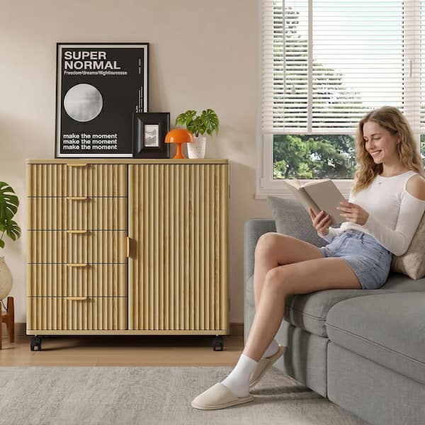 Bestier 5-Drawer Natural Oak Wood 32 in. W Rolling Lateral File