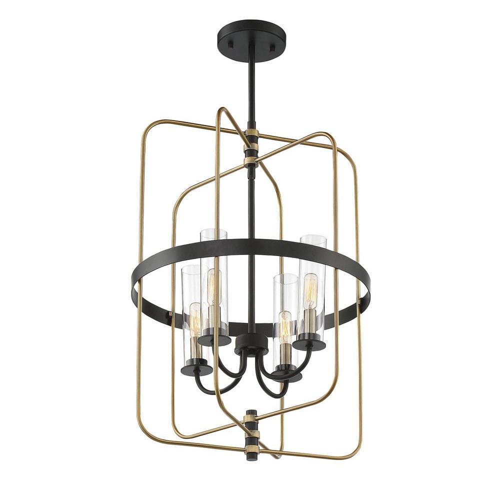 Vintage Black and Warm Brass 4-Light Foyer Chandelier with Clear Glass