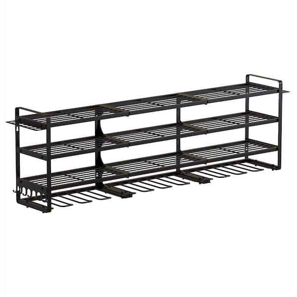 48.43 in. Black Metal Wall Rack with Hooks and 4 Shelves Heavy Duty Power Tool Organizer for Garage Workshop