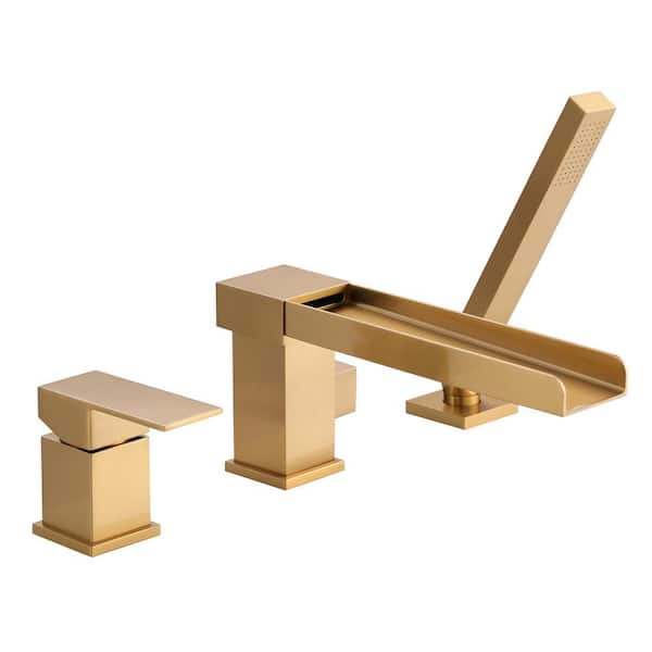 IVIGA Brass Single-Handle Deck-Mount Roman Tub Faucet with 360° Swivel Waterfall Spout, Hand Shower with 59" Hose in Gold