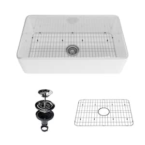 33 in. Farmhouse Apron Front Undermount Single Bowl White Fireclay Kitchen Sink with Draining Grid