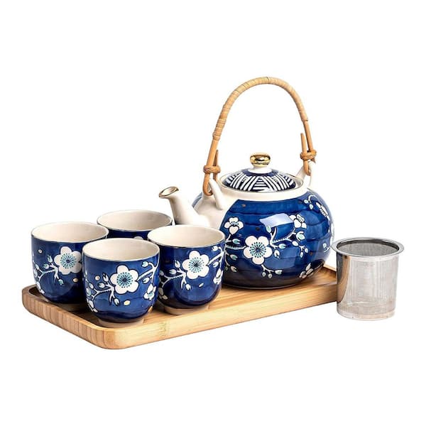 Handcrafted Japanese Ceramic Tea Set with Plum Blossom Design, 25 oz. Teapot, 4 Cups, Stainless Infuser, Bamboo Tray