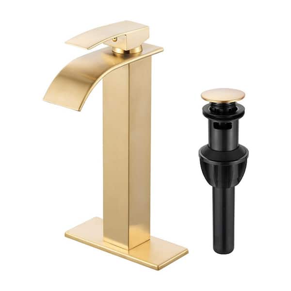 High Arc Waterfall Single Handle Single Hole Bathroom Faucet with Drain Kit Included in Brushed Gold