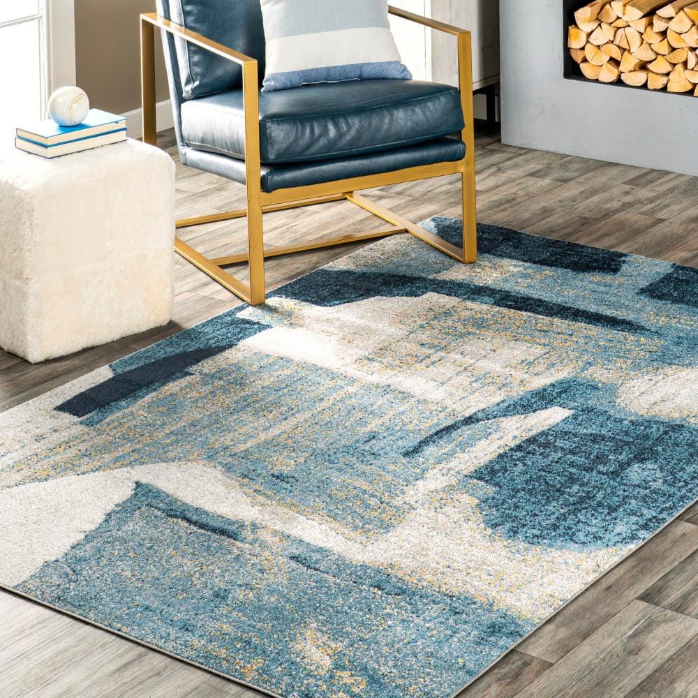 Blue Abstract Washable Stain-Resistant Rectangular Area Rug