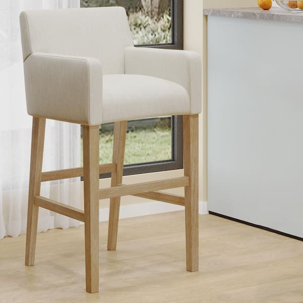 Deville 30.50 in. Beige Fabric and Weathered Brown Rubberwood Barstool
