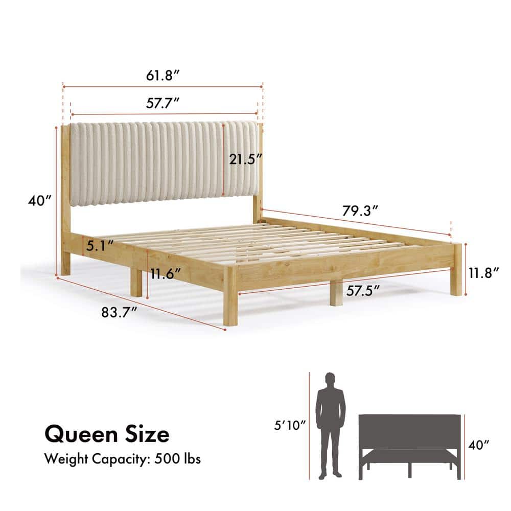 Alder Light Brown Rubberwood Queen Bed with Upholstered Headboard