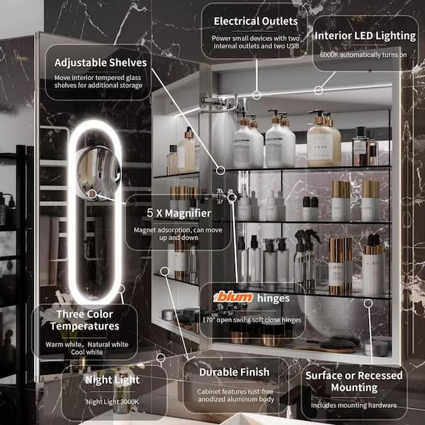 24 in. W x 36 in. H Rectangular Silver Aluminum Recessed/Surface Mount Left Hinge Dimmable Medicine Cabinet with Mirror