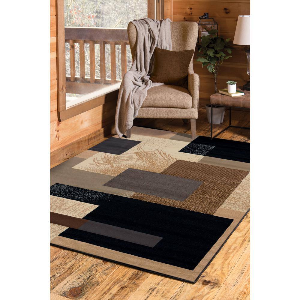 Ivory and Brown Geometric Synthetic Area Rug, 5' x 8'