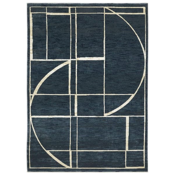 10 ft. x 13 ft. Blue, Ivory Geometric Washable Area Rug